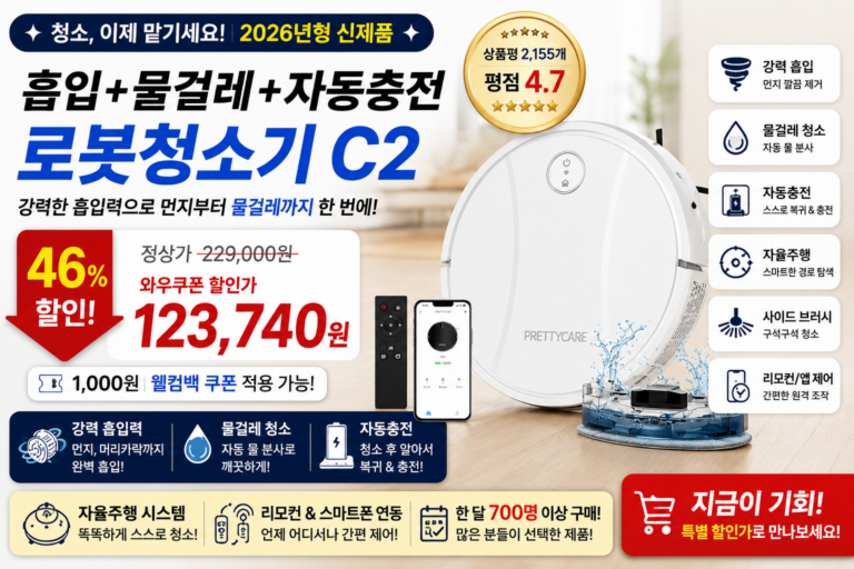 로봇청소기 아직도 고민하세요? 흡입·물걸레·자동충전까지 프리티케어 C2 46% 할인