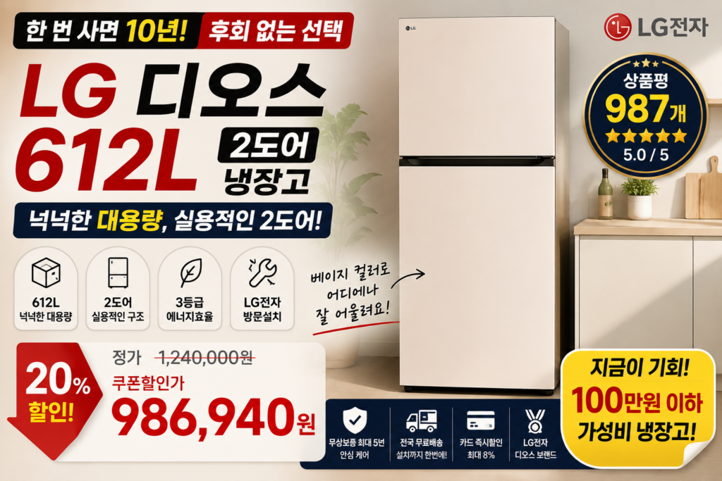 “냉장고는 한번 사면 10년 씁니다” LG 디오스 612L 2도어, D604MEE33 100만원 이하라면 살 만할까? 제품 이미지